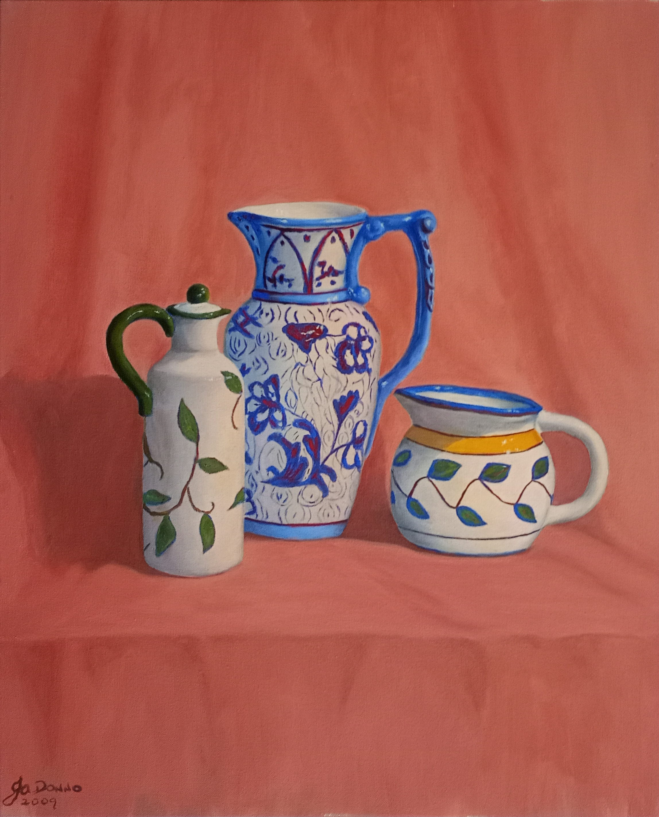 Oil painting of three decorated ceramic jugs on pink fabric